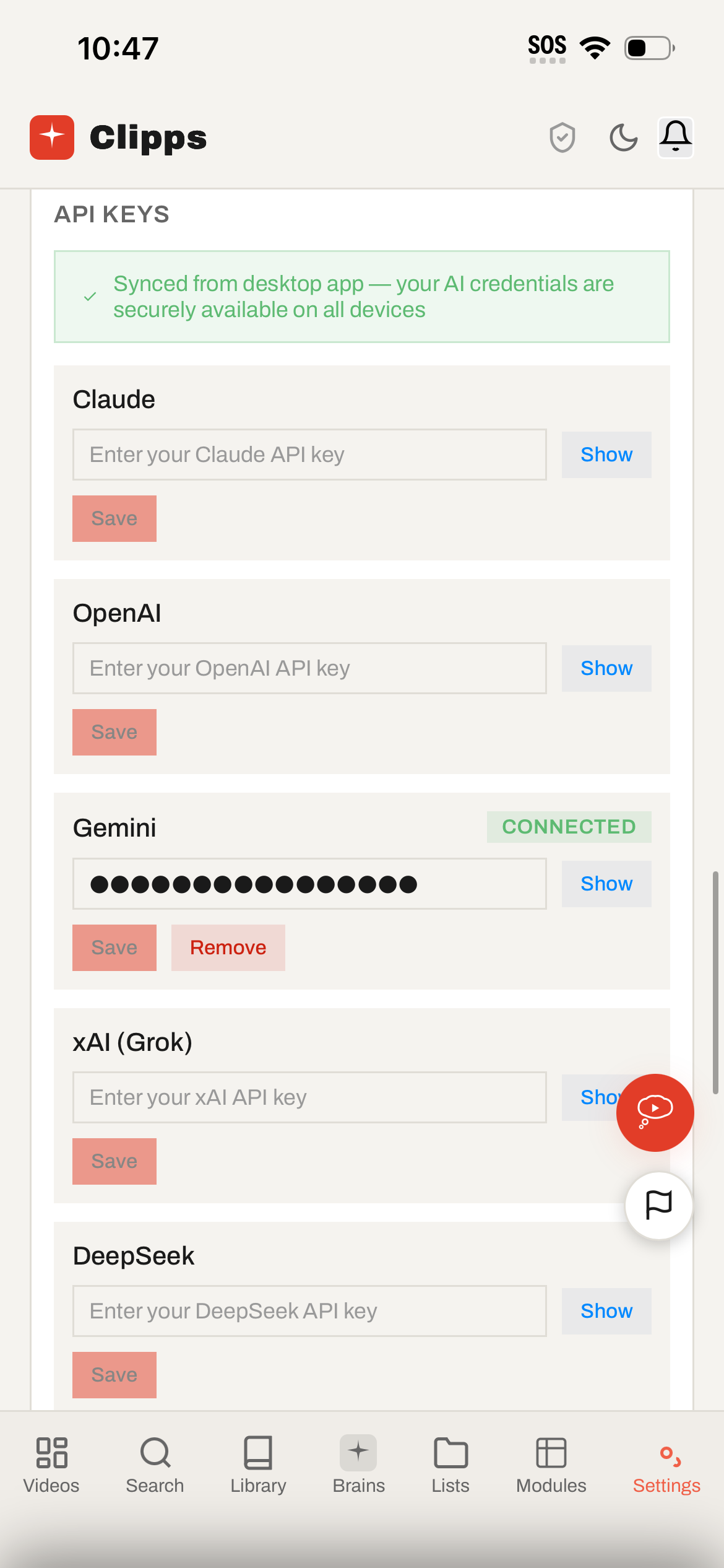 Settings BYO API keys configuration