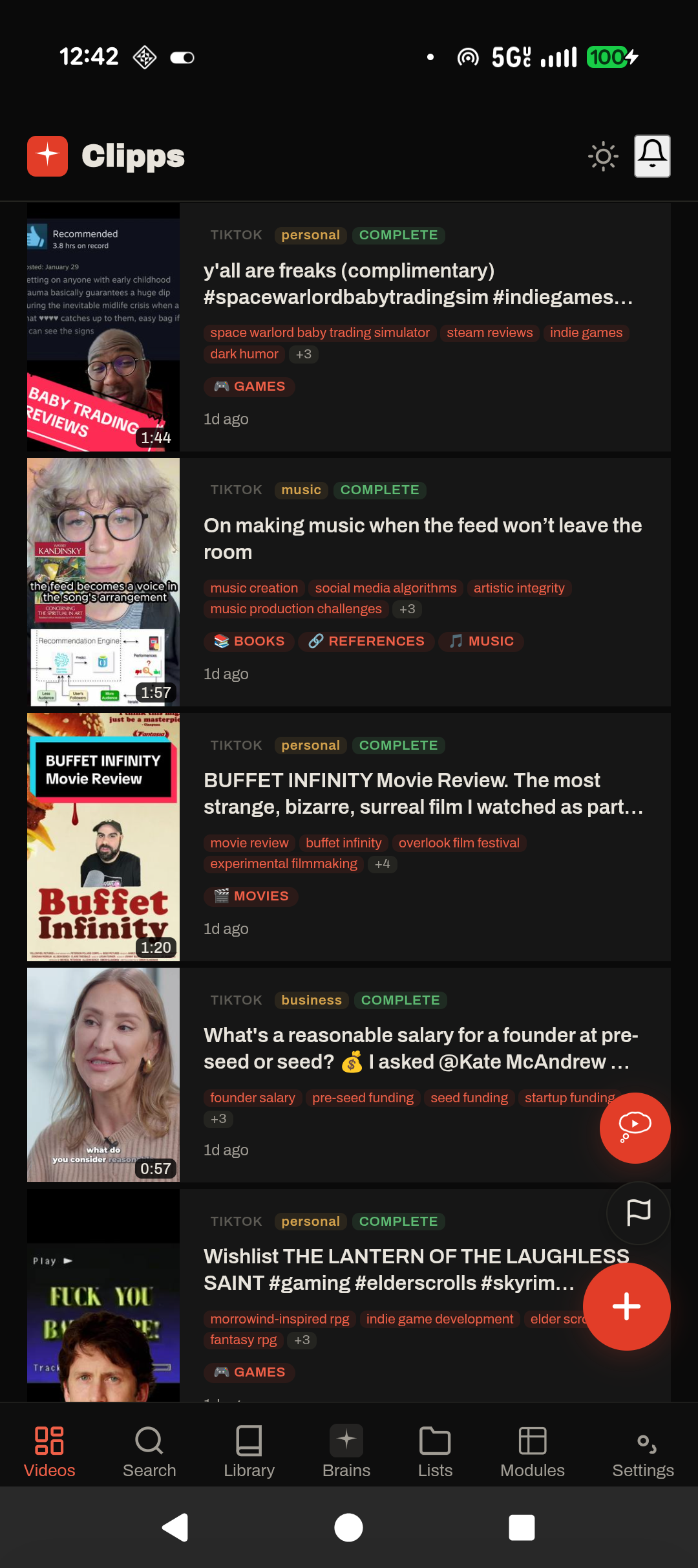 Clipps library feed showing saved TikTok and YouTube videos with module tags and topic chips on each card