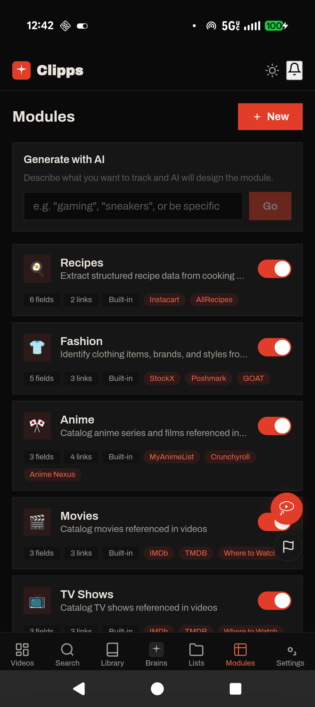 Clipps Modules tab showing Recipes, Fashion, Anime, Movies, TV Shows with field counts and outbound link sources