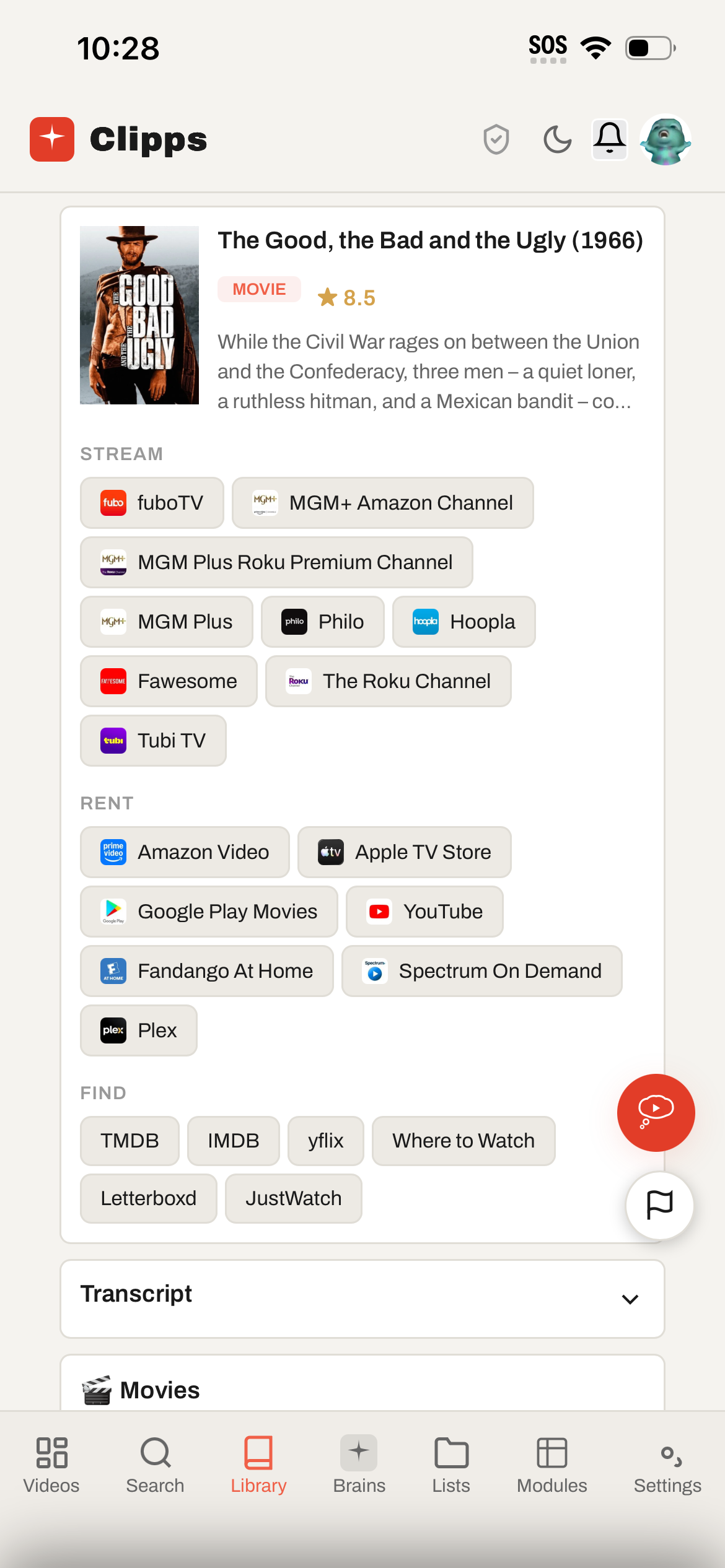 The Good the Bad and the Ugly saved in Clipps with watch provider rows split into Stream Rent and Find sections