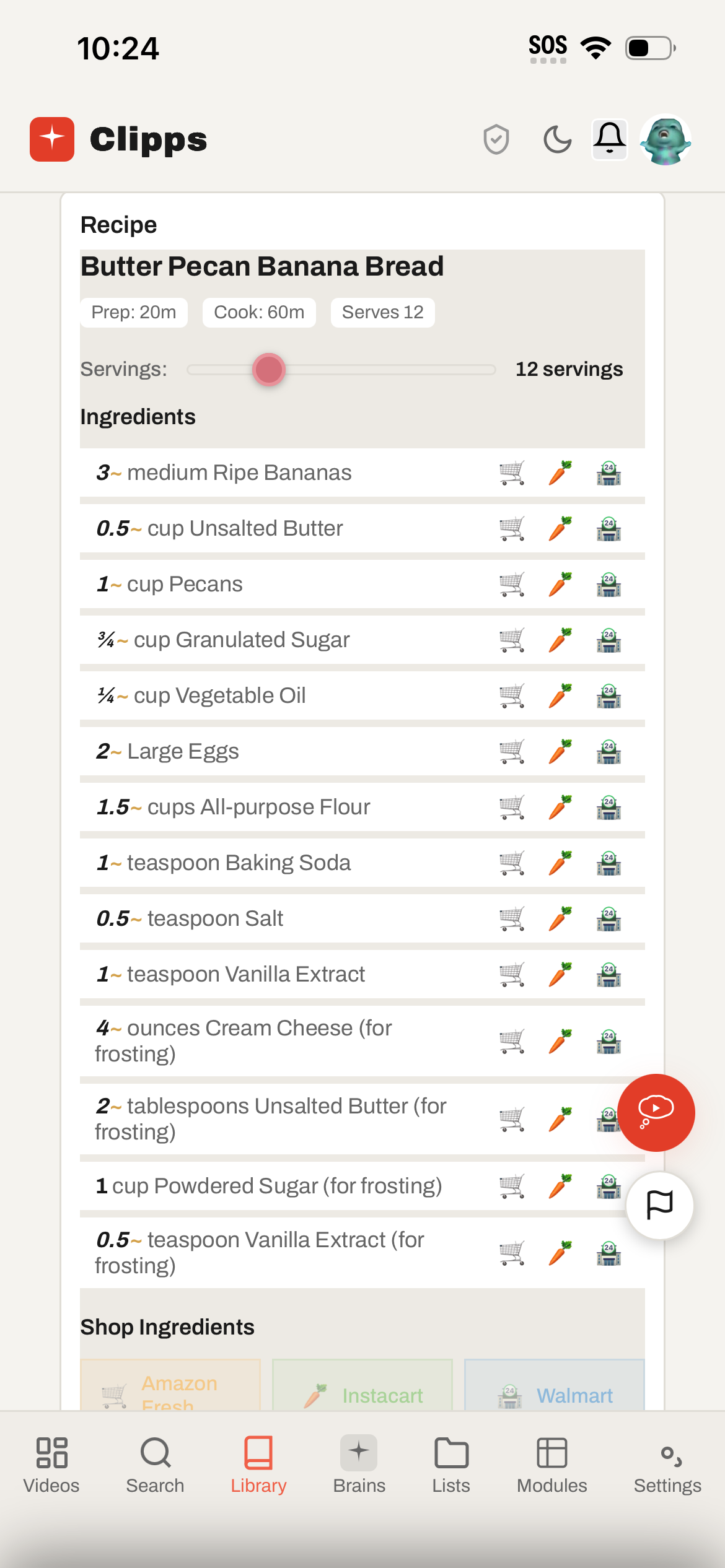 Butter Pecan Banana Bread saved in Clipps showing the recipe module fields with prep, cook, servings, ingredients, and shopping search icons