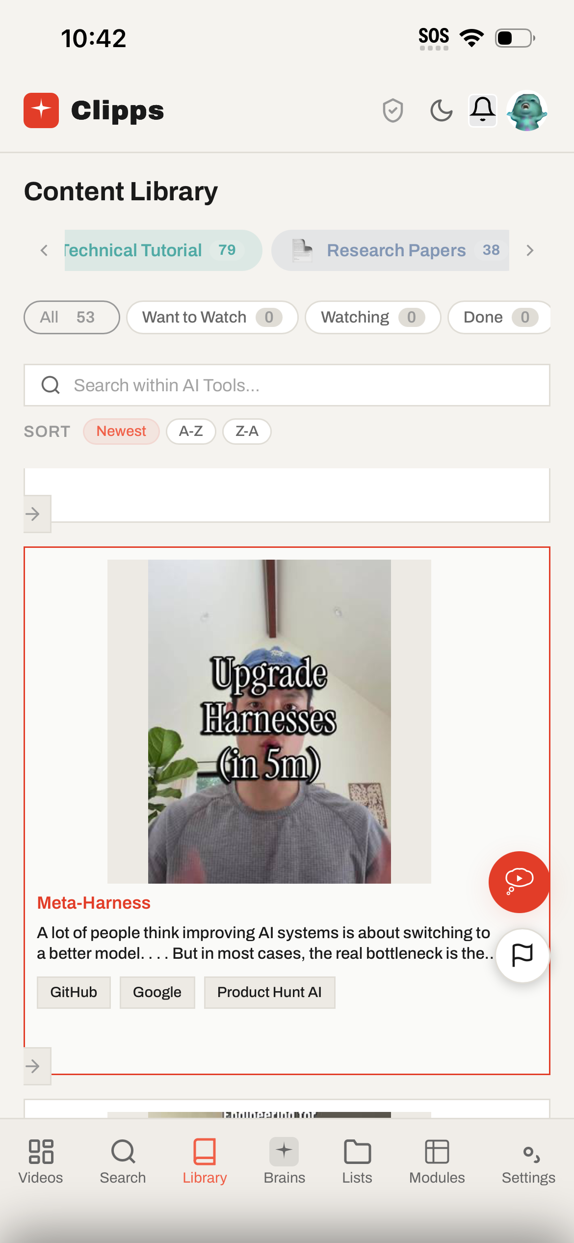 Clipps content library filtered to AI Tools and Technical Tutorial showing a saved TikTok teaching how to upgrade an agent harness